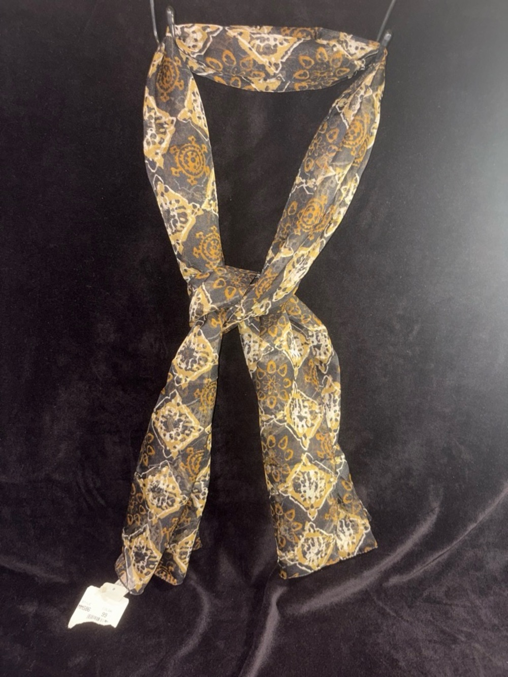 Dillard's Geometric Tile Print Sheer Oblong Scarf One Size Black Gold Boho NWT